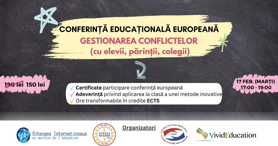 Conferință europeană online „Gestionarea conflictelor în școală (cu elevii, părinții, colegii)”