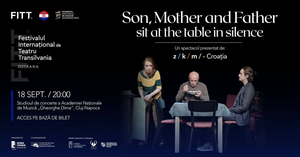 SON, MOTHER AND FATHER SIT AT A TABLE IN SILENCE